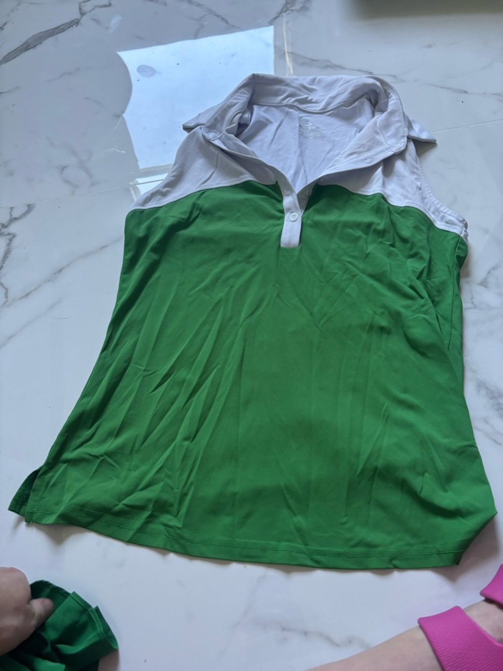 Green Sleeveless Polo Top with White Collar